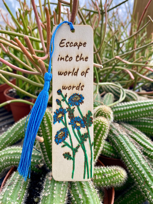 Bookmark Hand Painted Wood Engraved Escape Into the
