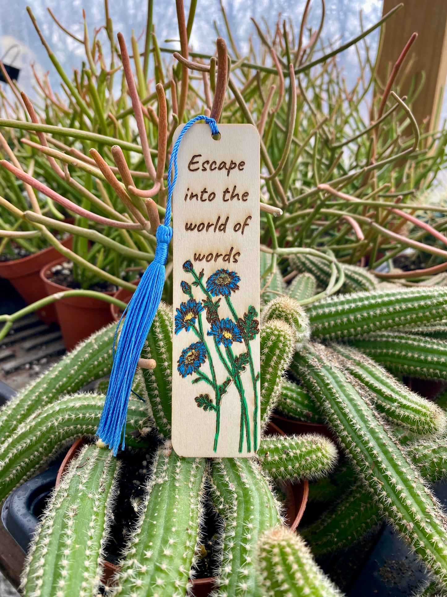 Bookmark Hand Painted Wood Engraved Escape Into the