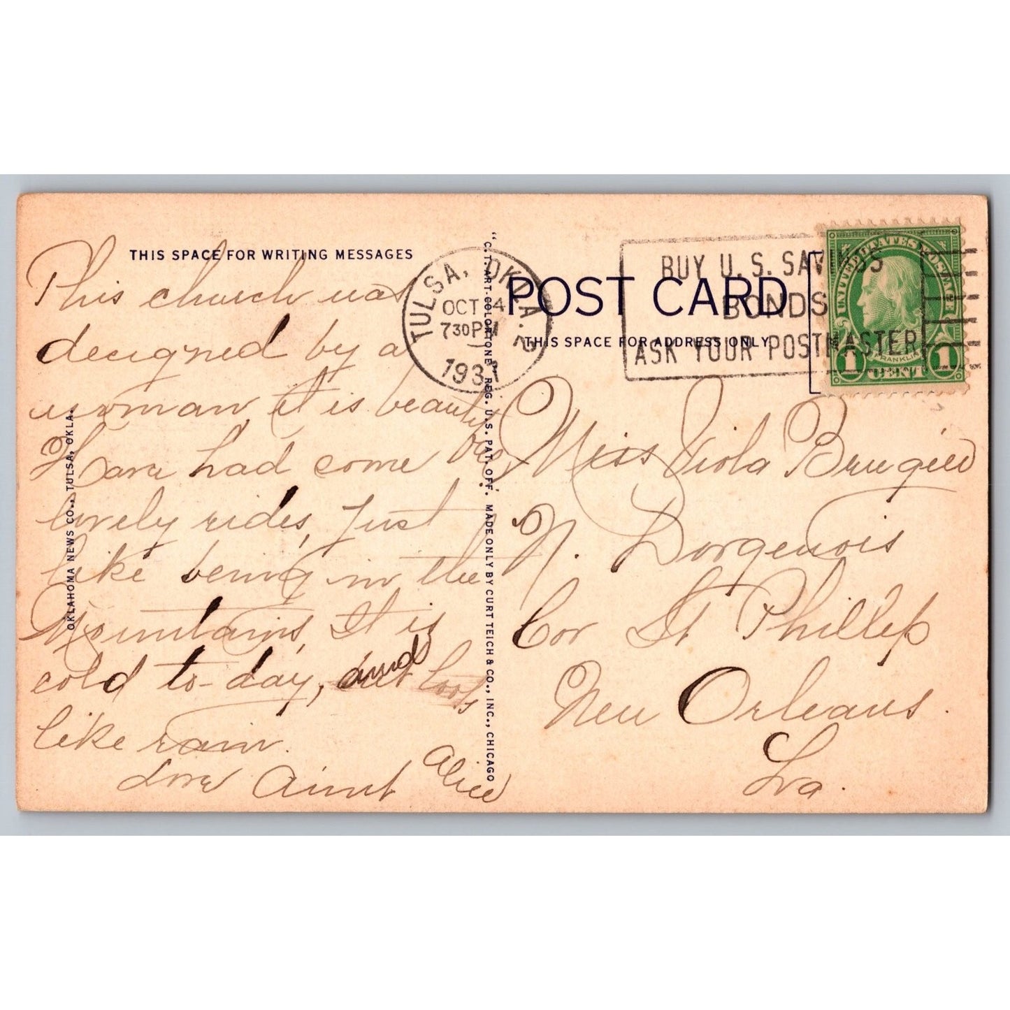 Tulsa OK Oklahoma Boston Avenue Methodist Episcopal Church White Border Postcard
