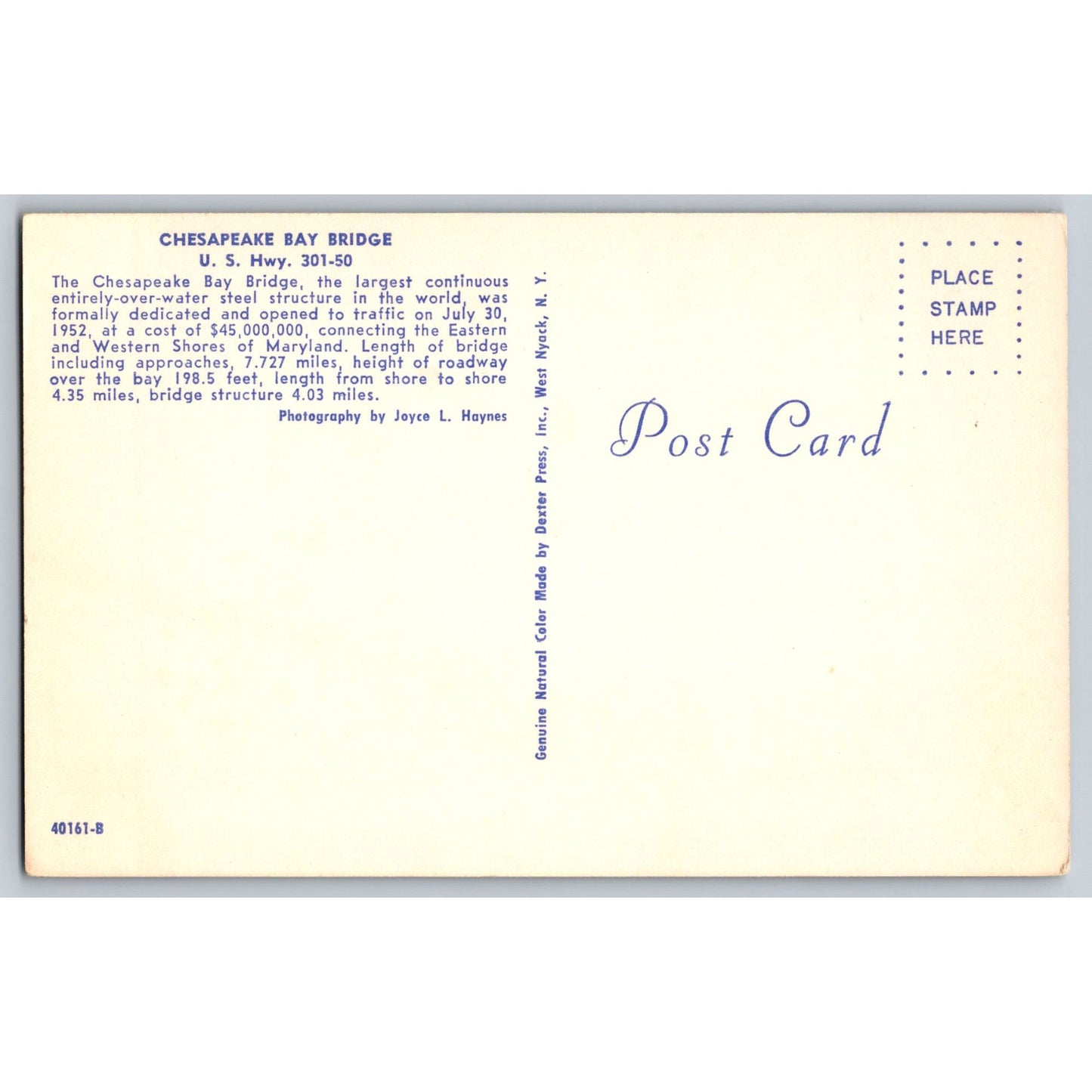 Annapolis MD Maryland Chesapeake Bay Bridge US Hwy 301 Dexter Postcard 1950s