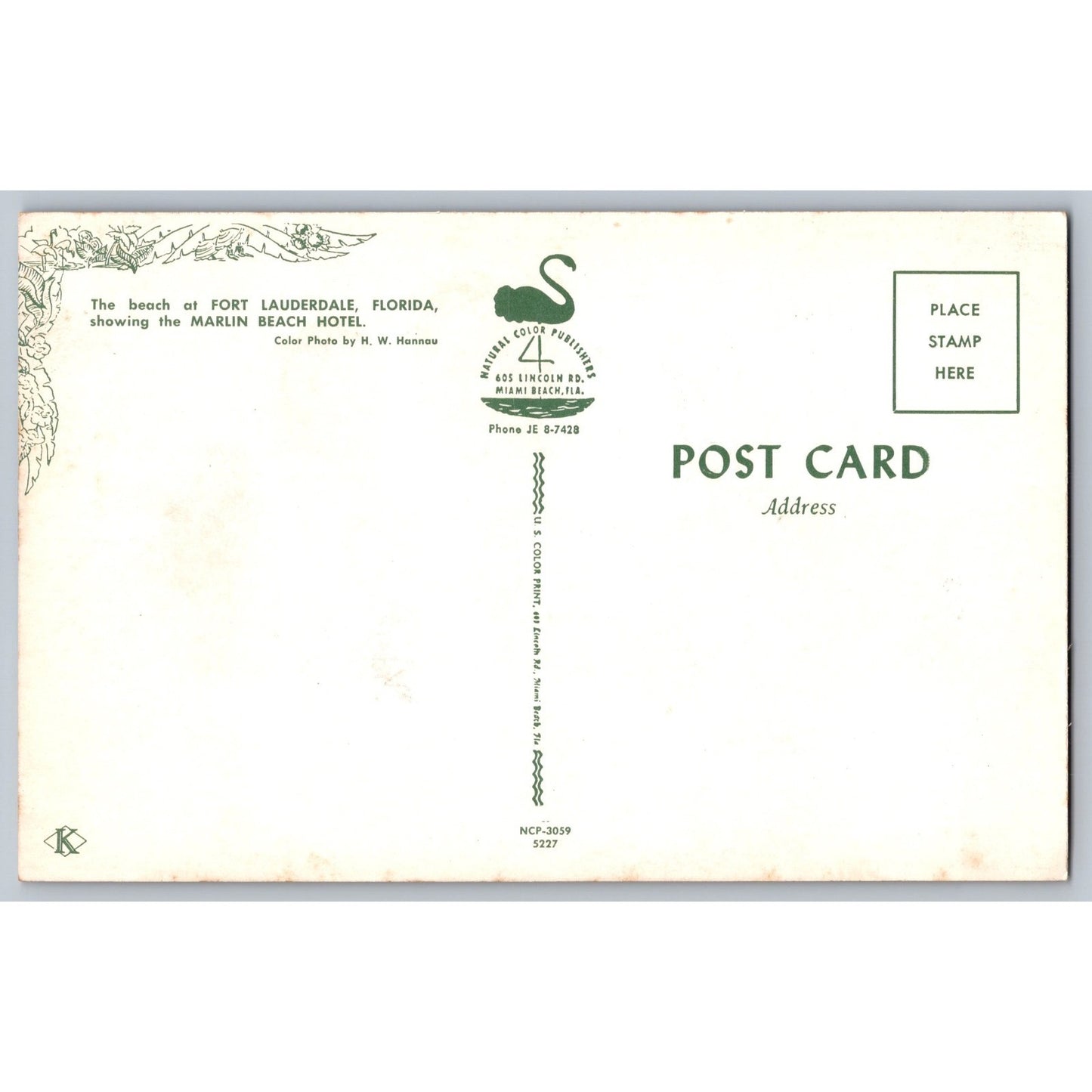 Fort Lauderdale FL Florida Fort Marlin Beach Hotel Chrome Postcard Unused