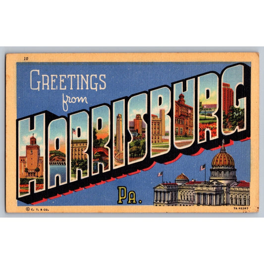 Harrisburg PA Pennsylvania Large Letter Greetings from Linen Postcard