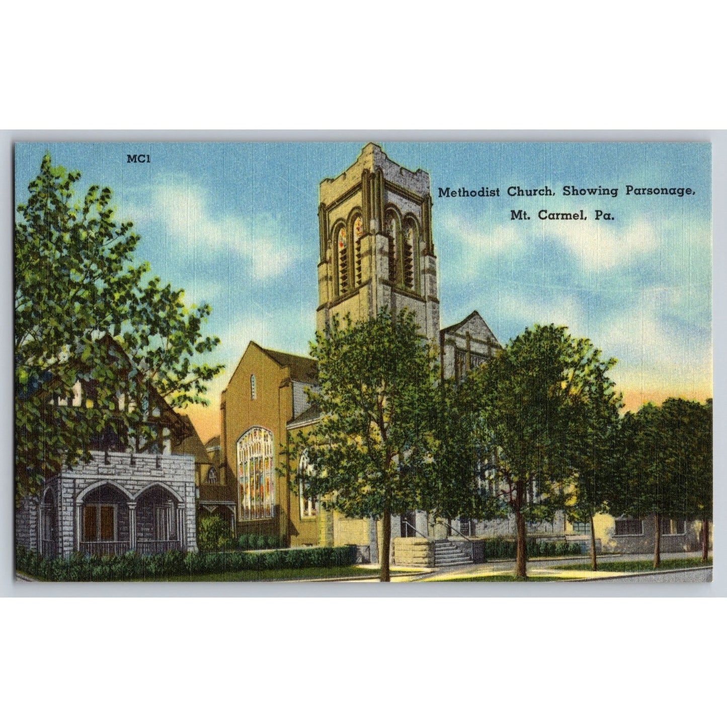MT Carmel PA Pennsylvania Methodist Church & Parsonage 1930s-40s Linen Postcard