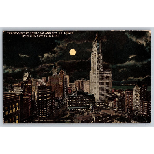 New York City NY Woolworth Building City Hall Park Night Moonlight 1919 Postcard