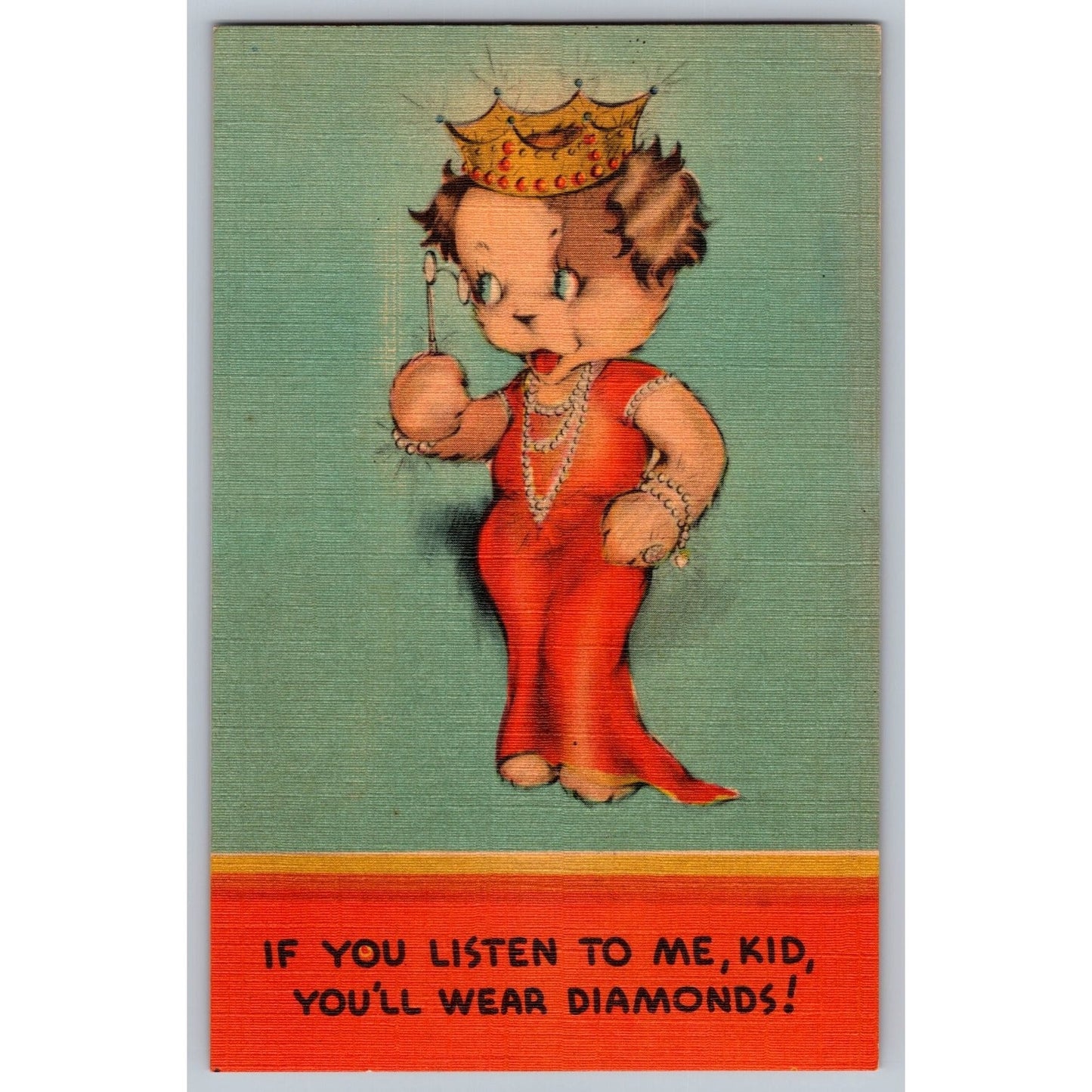 Comic Postcard Cute Dog Character Wearing Crown and Diamonds Linen Unused