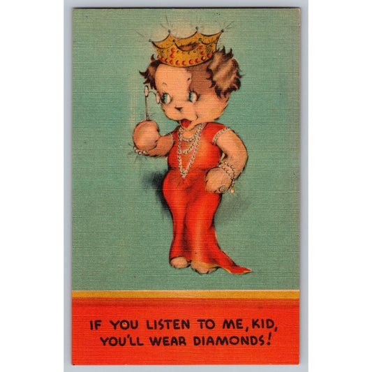 Comic Postcard Cute Dog Character Wearing Crown and Diamonds Linen Unused