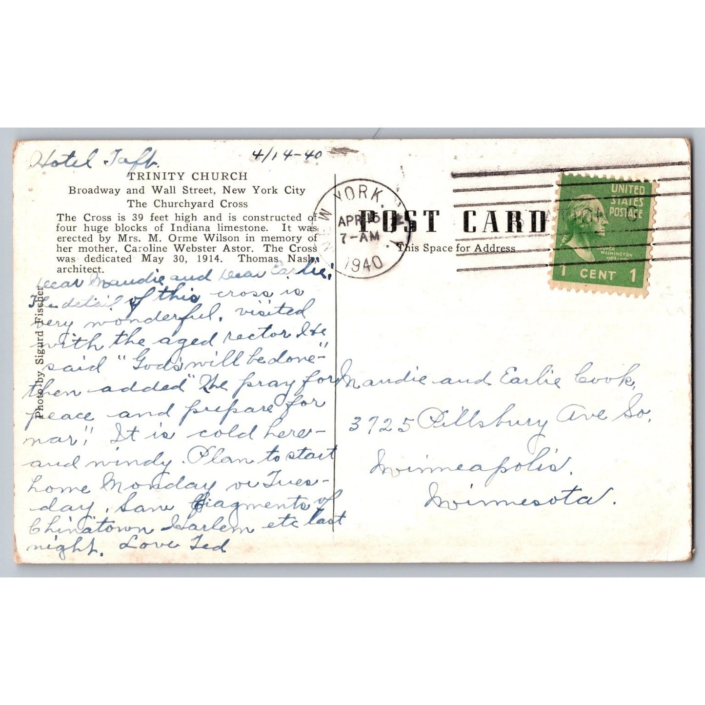 New York City NY Trinity Church Churchyard Cross White Border Postcard Used