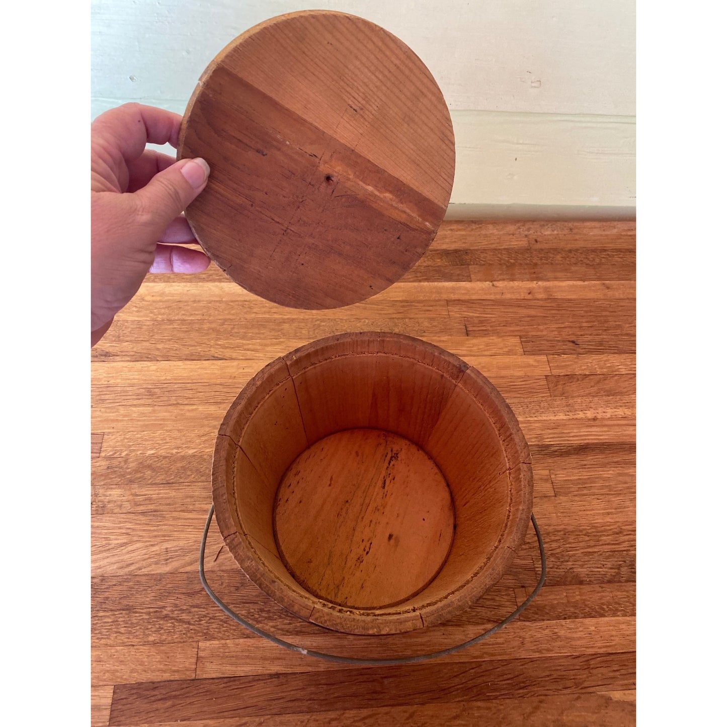 Vintage Blue Plate 3-Lb Strawberry Preserves Wooden Bucket With Lid & Handle