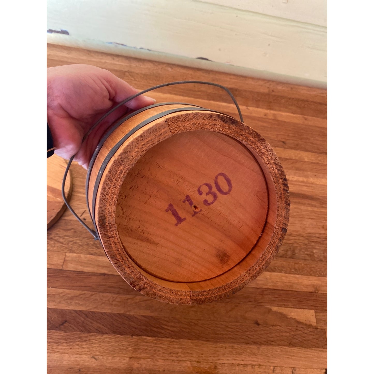 Vintage Blue Plate 3-Lb Strawberry Preserves Wooden Bucket With Lid & Handle