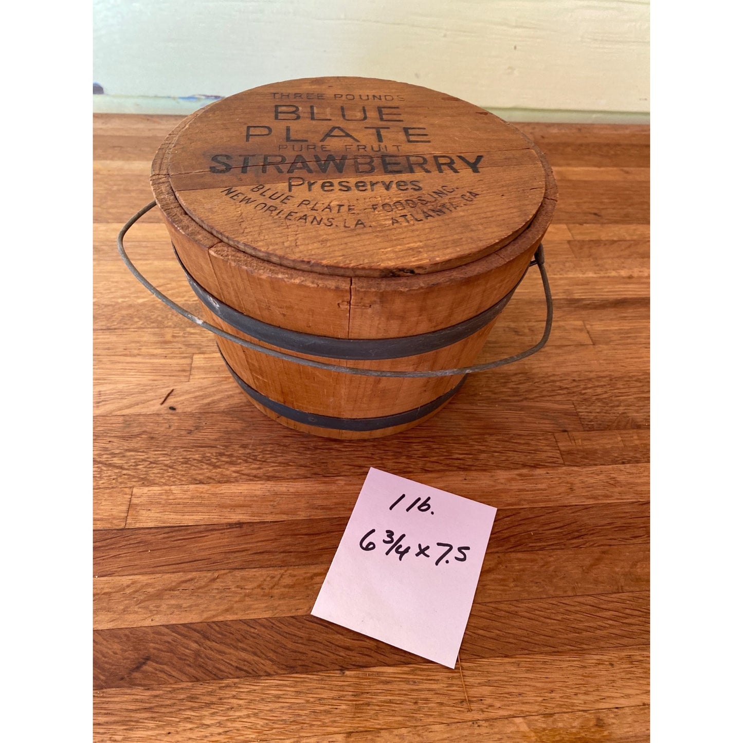 Vintage Blue Plate 3-Lb Strawberry Preserves Wooden Bucket With Lid & Handle