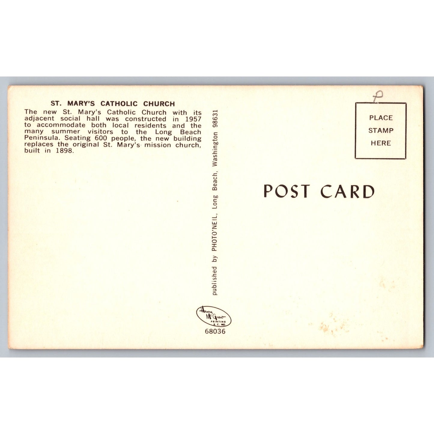 Long Beach WA Washington St Mary's Catholic Church 1957 Chrome Postcard Unused