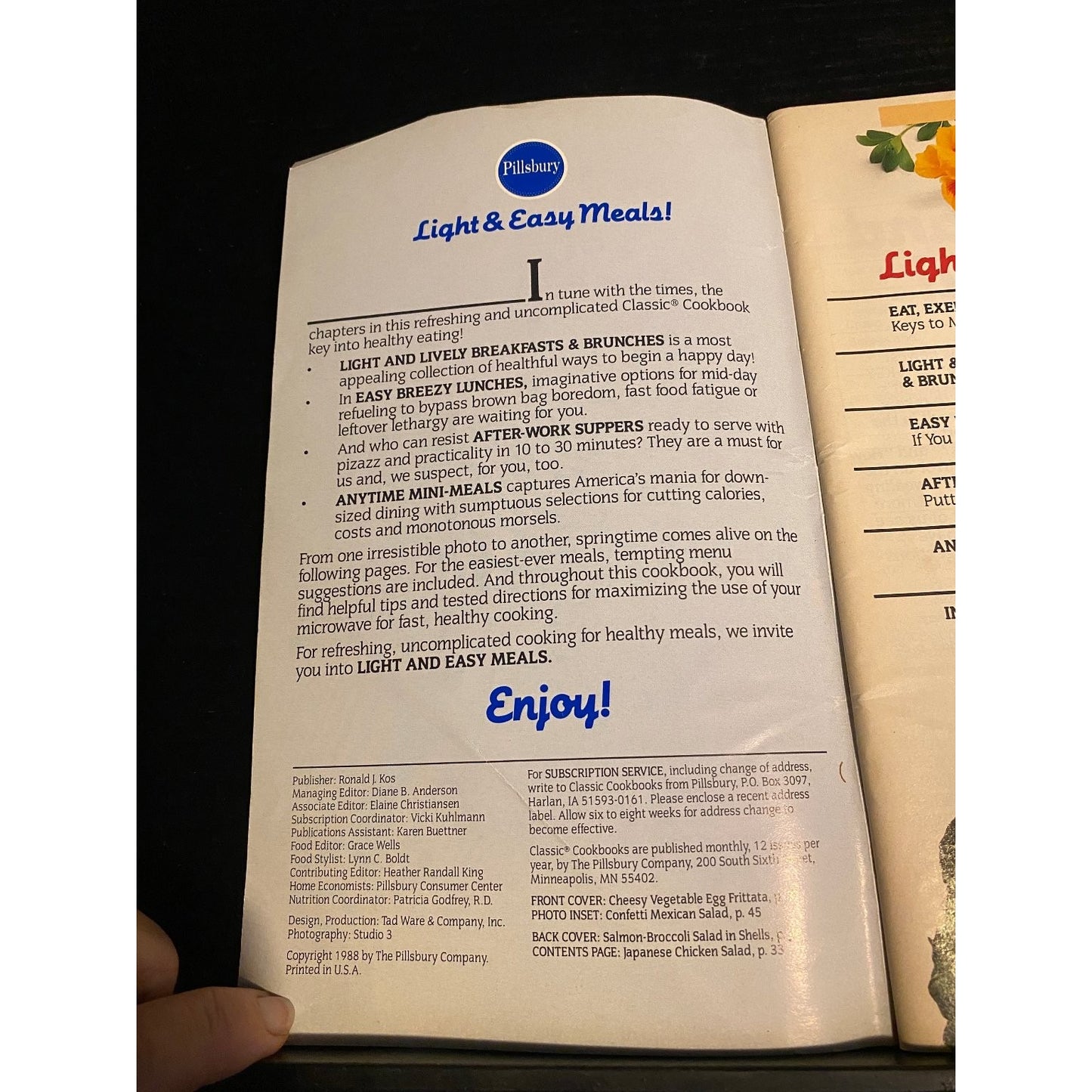 Pillsbury Classic Cookbook Booklet 1988 Light & Easy Meals! Nutritious Recipes