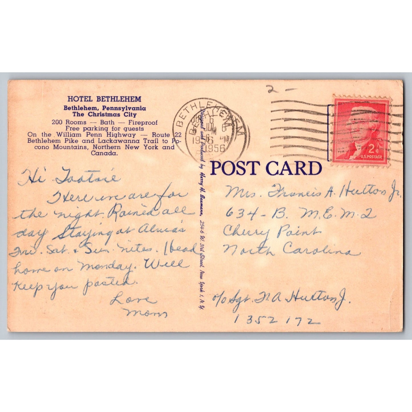 Bethlehem PA Pennsylvania Hotel Bethlehem White Border Postcard Used 1956
