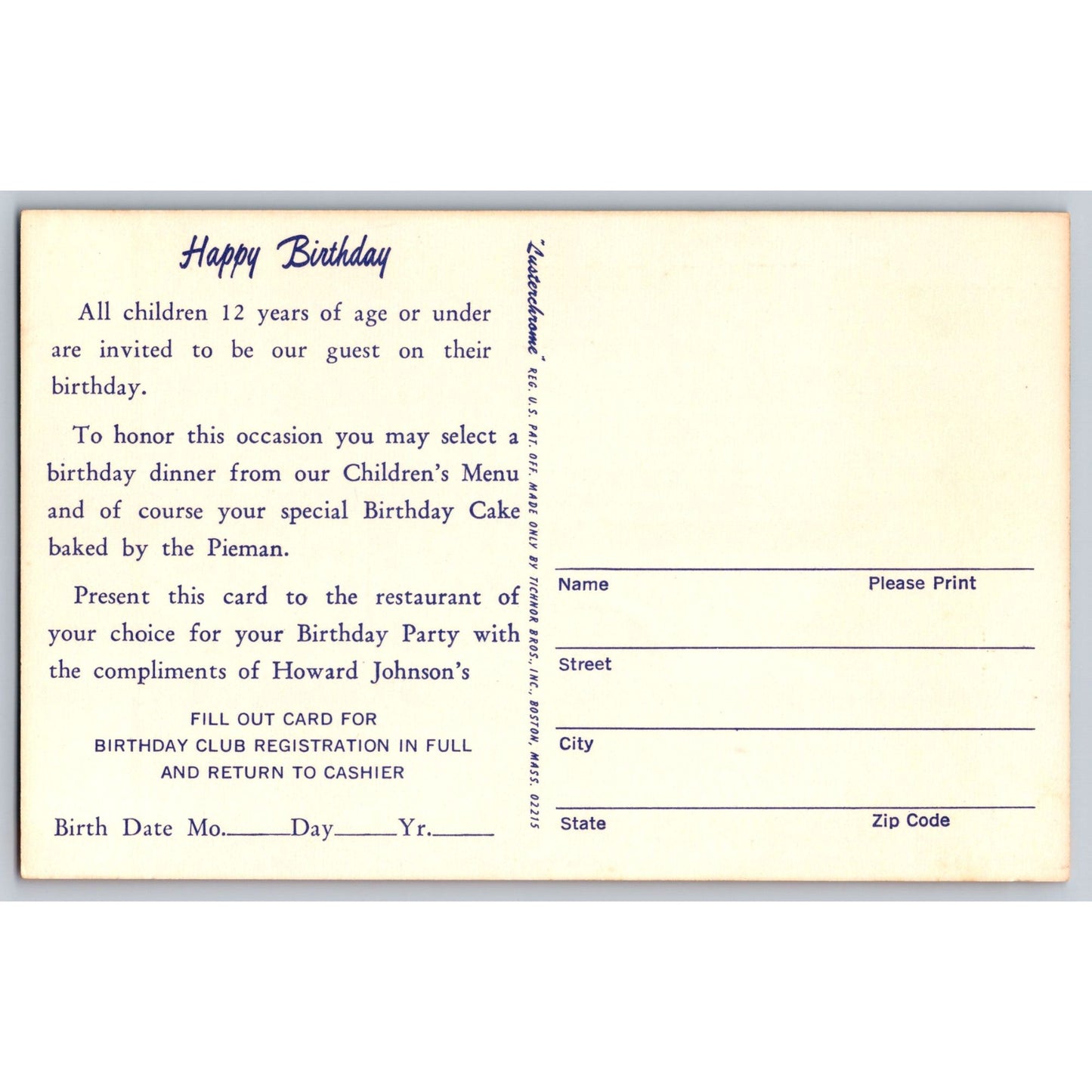 Howard Johnsons Hotel Birthday Card Club Dinner Invitation Complimentary Postcard
