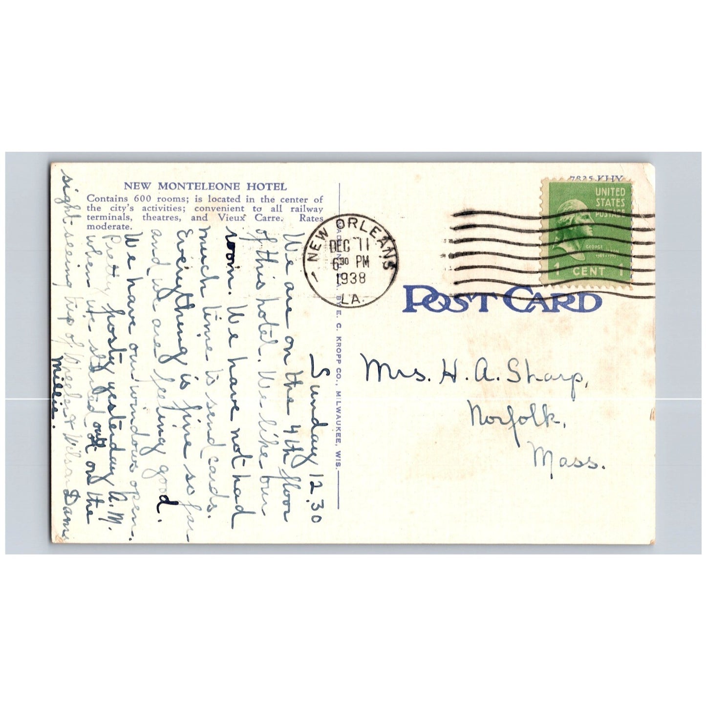 New Orleans LA Louisiana New Hotel Monteleone 1930s White Border Postcard Used