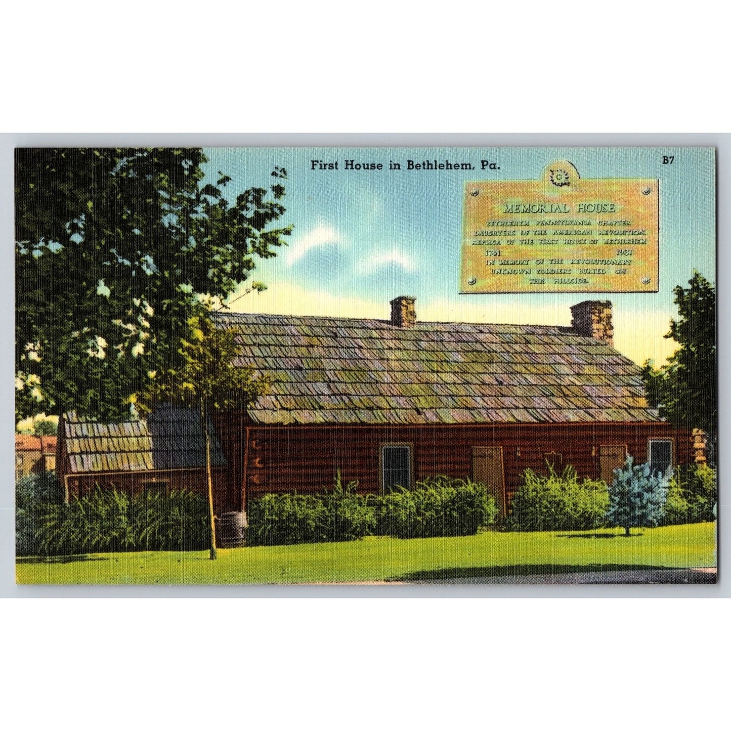 Bethlehem PA Pennsylvania First House Memorial Linen Postcard Unused