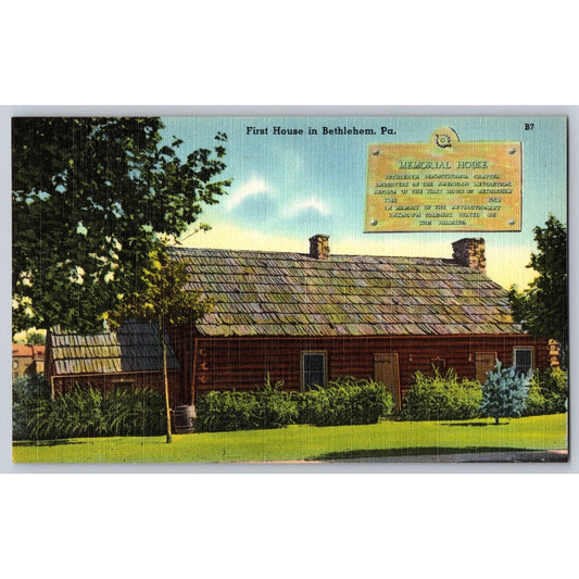 Bethlehem PA Pennsylvania First House Memorial Linen Postcard Unused