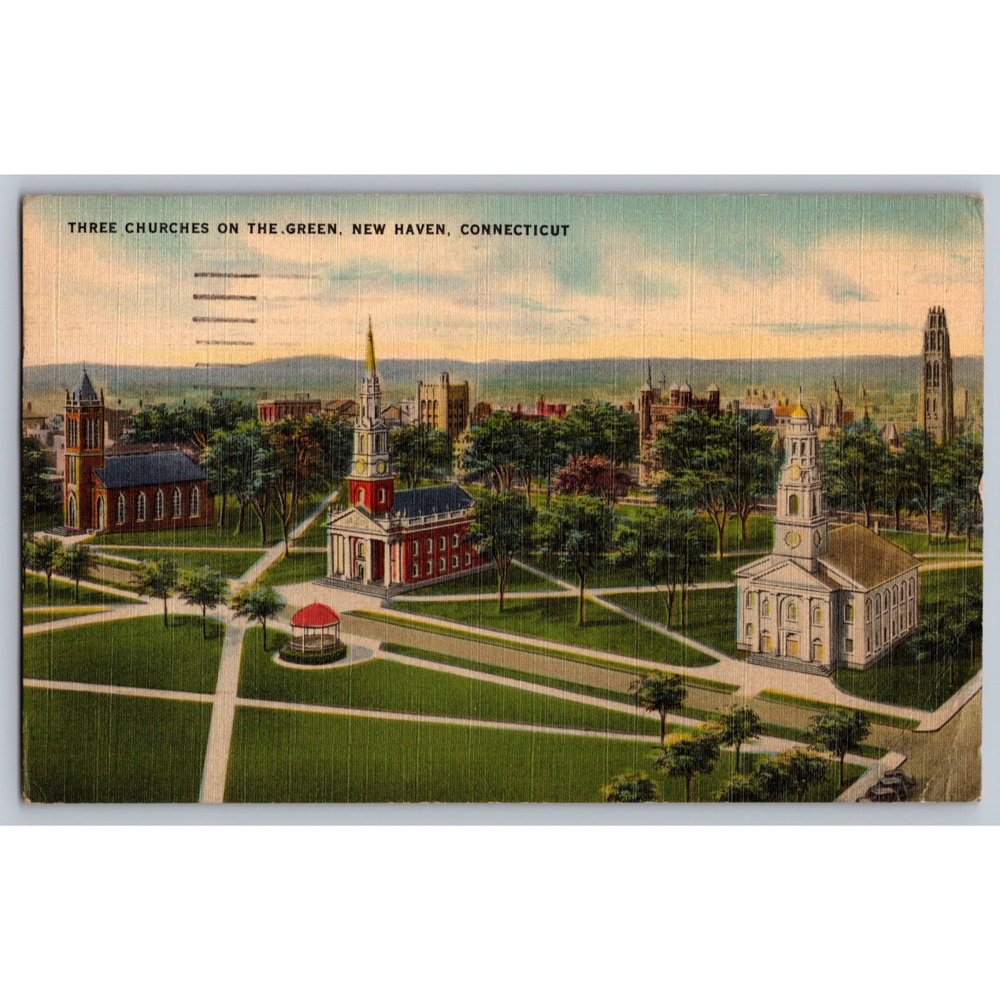 New Haven CT Connecticut Three Churches On The Green 1943 Linen Postcard Used