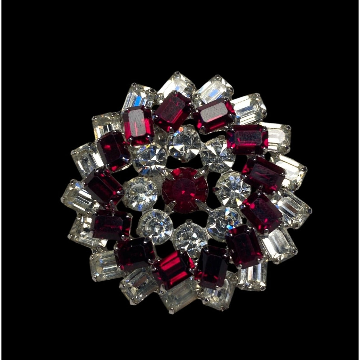 Vintage White Rhinestone & Ruby Red Crystal Floral Brooch Pin Silver-Tone Finish