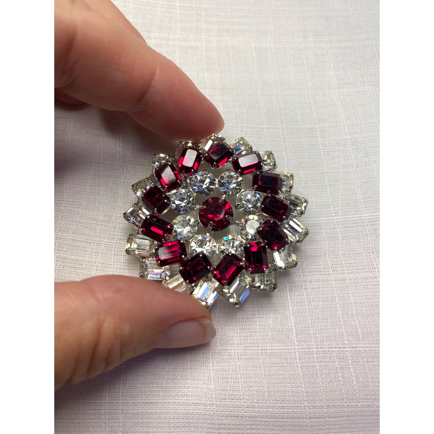 Vintage White Rhinestone & Ruby Red Crystal Floral Brooch Pin Silver-Tone Finish