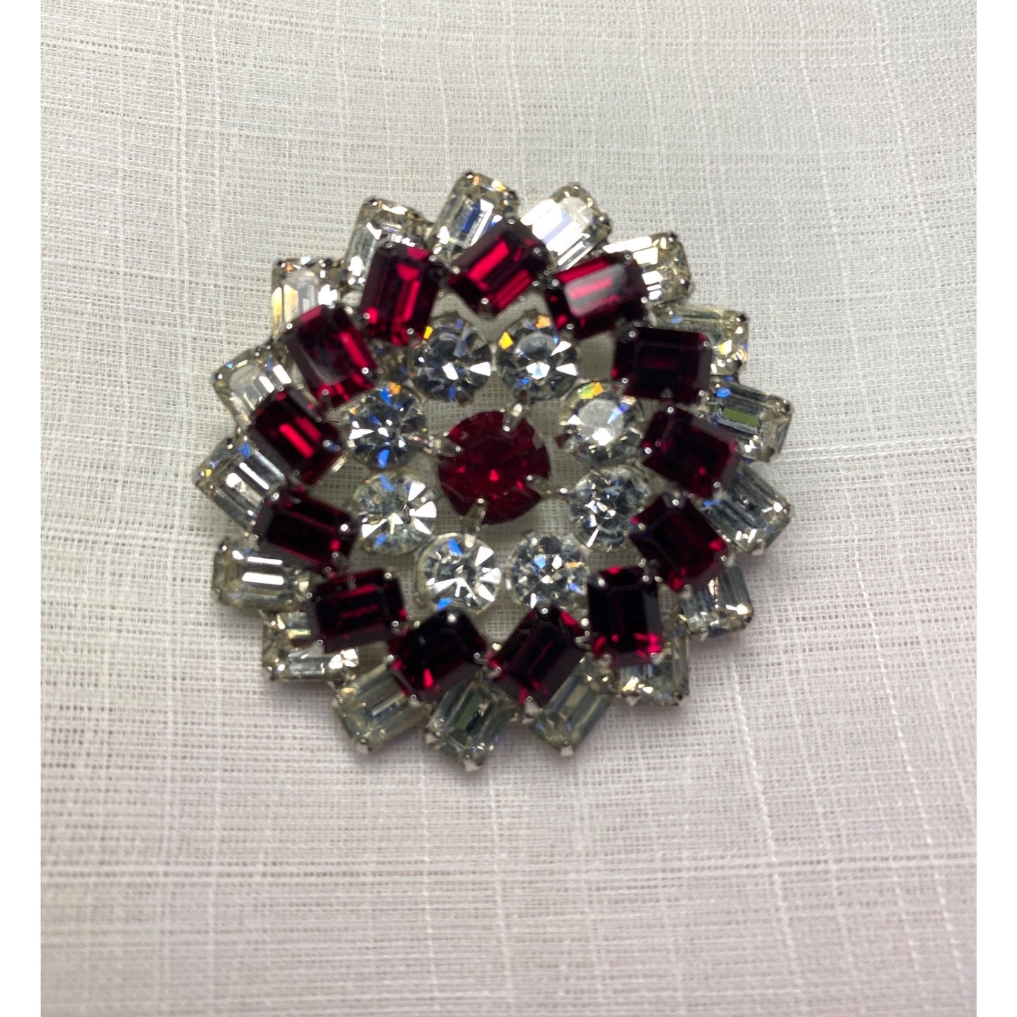 Vintage White Rhinestone & Ruby Red Crystal Floral Brooch Pin Silver-Tone Finish