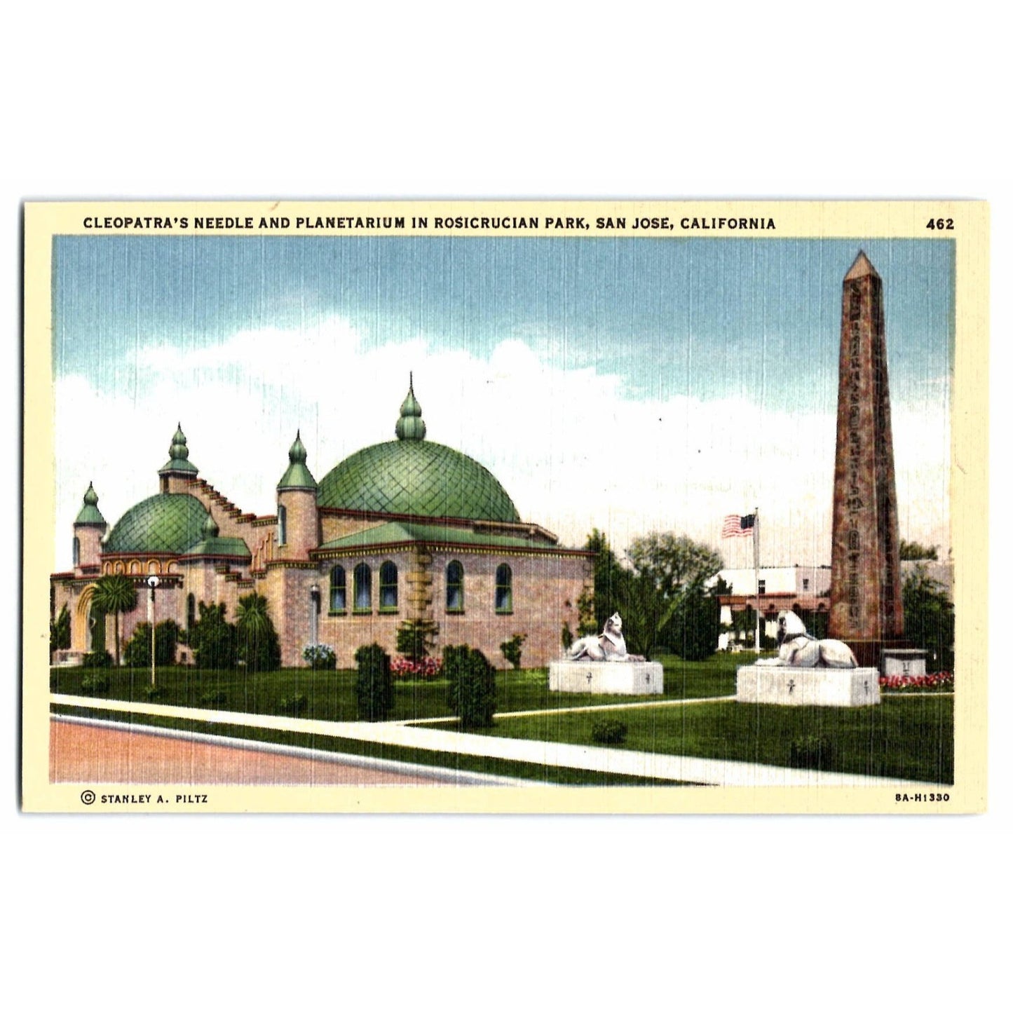 San Jose CA California Cleopatra's Needle & Planetarium Linen Postcard Unused