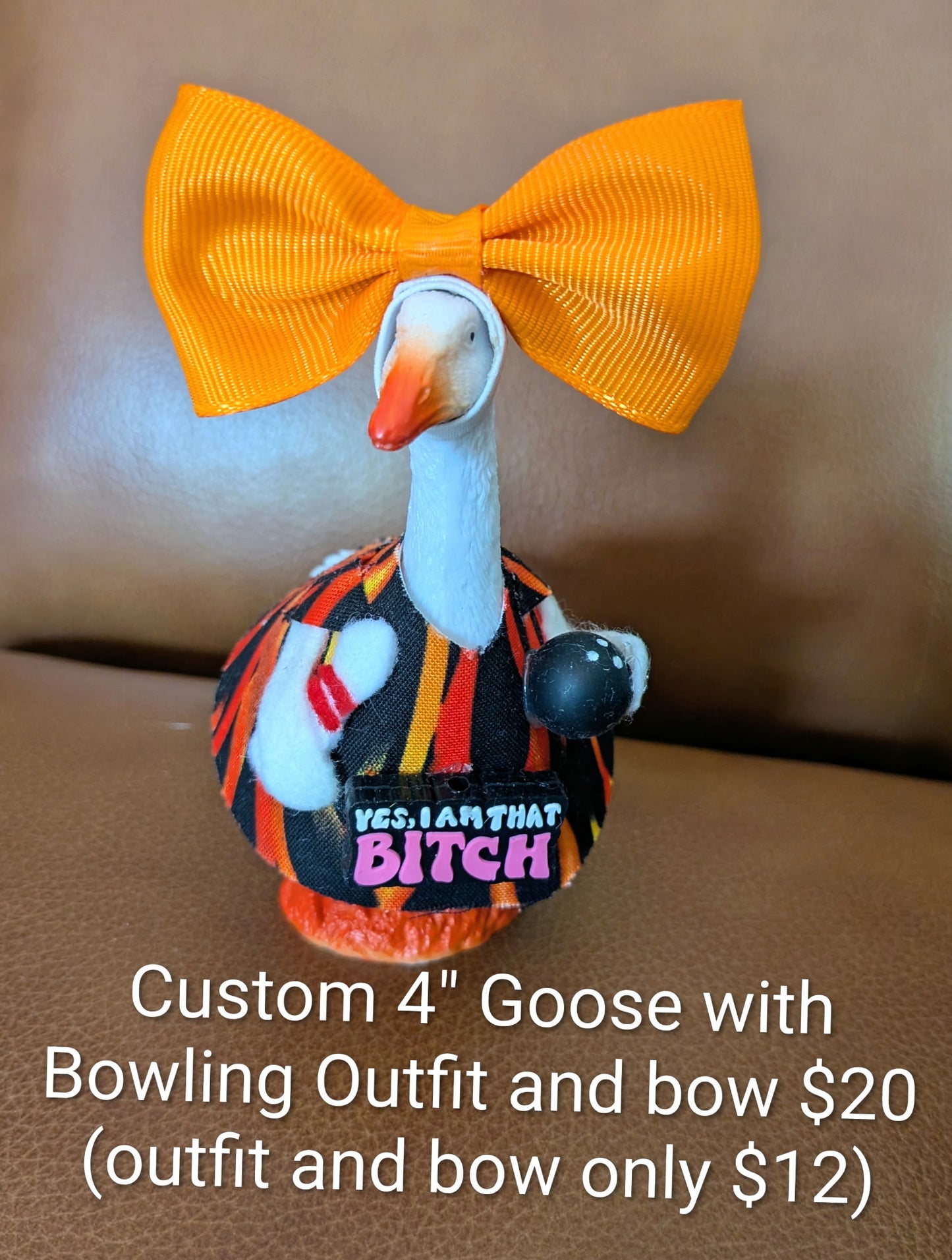 Custom Order Bowling Theme with Bow - 4" Goose Figurine With Handcrafted Outfit For Home Or Office Décor