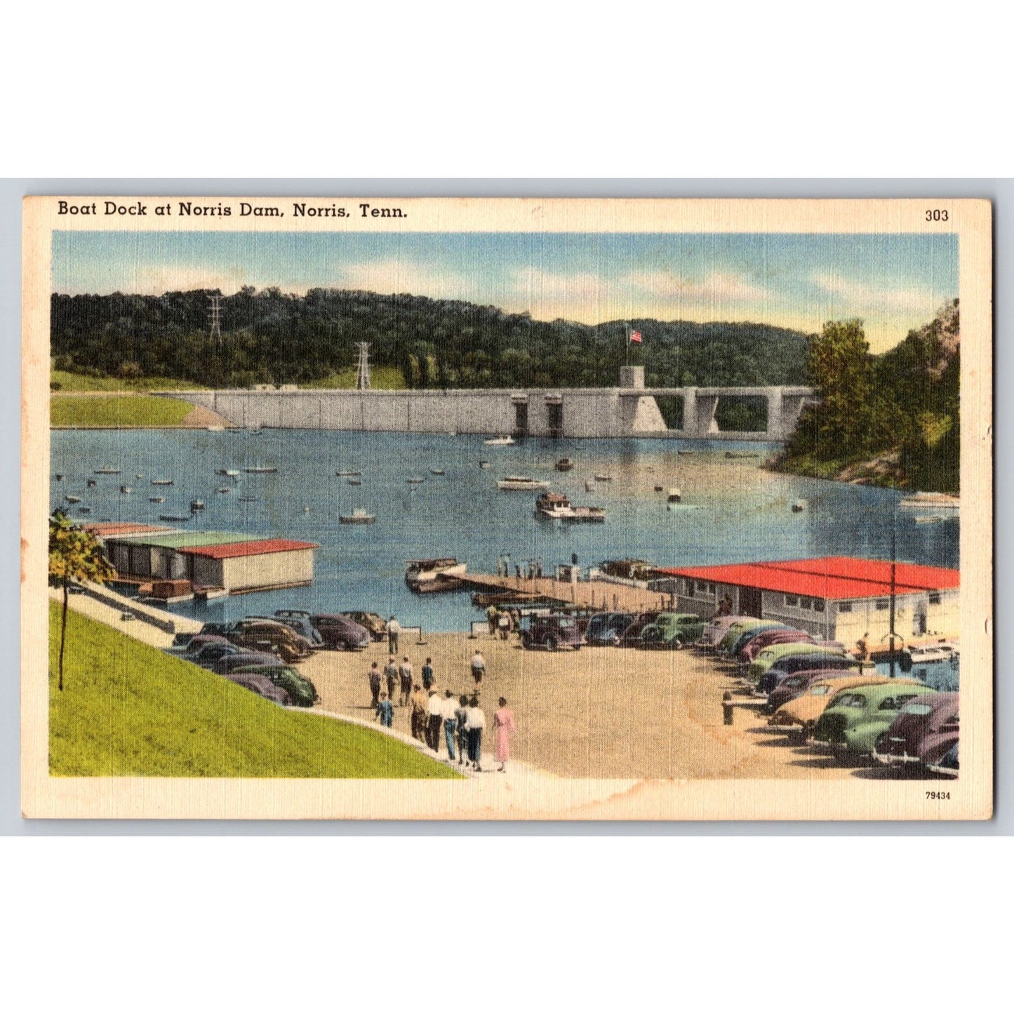 Norris Dam TN Tennessee Boat Dock Old Cars 1930s White Border Postcard Unused