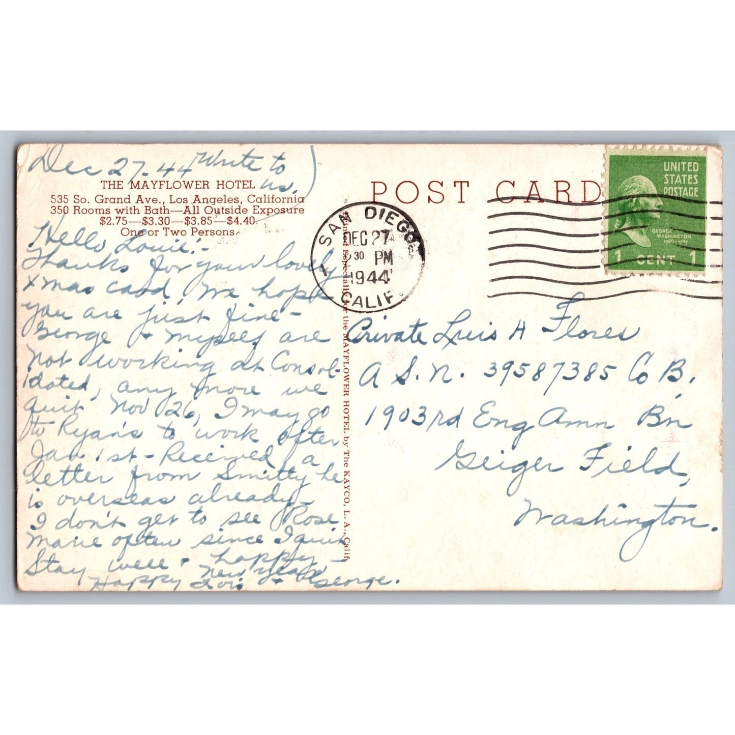 Los Angeles CA California Mayflower Hotel 1940s White Borders Postcard Used