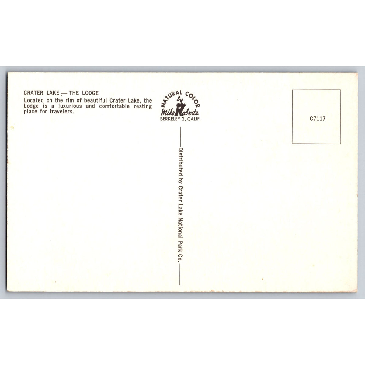 Klamath County OR Oregon Crater Lake Lodge Chrome Postcard Unused Mike Roberts