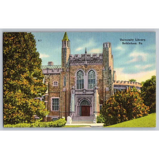 Bethlehem PA Pennsylvania Lehigh University Library Linen Postcard Unused