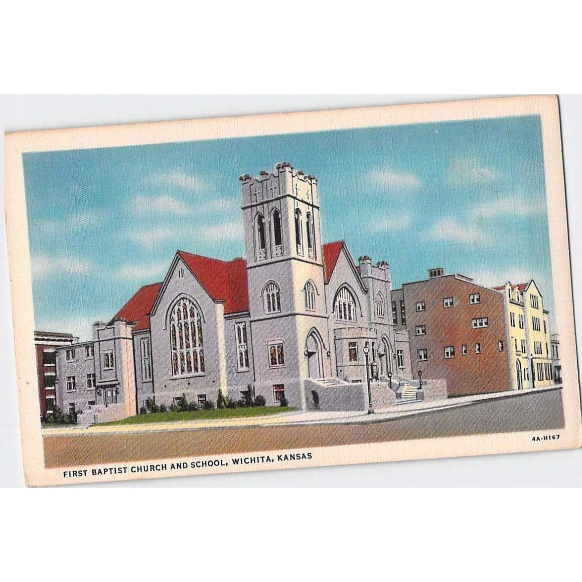 Wichita KS Kansas First Baptist Church and School White Border Postcard Unused