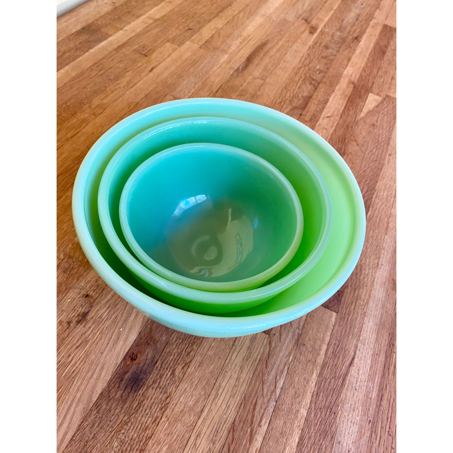 Jadite Green Glass Nesting Mixing Bowls Set of 3 Mid-Century Kitchenware Retro Home Decor