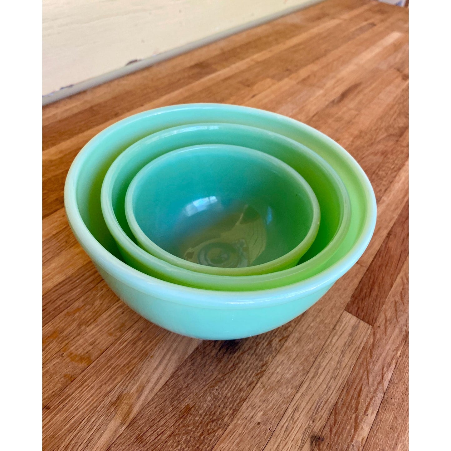 Jadite Green Glass Nesting Mixing Bowls Set of 3 Mid-Century Kitchenware Retro Home Decor