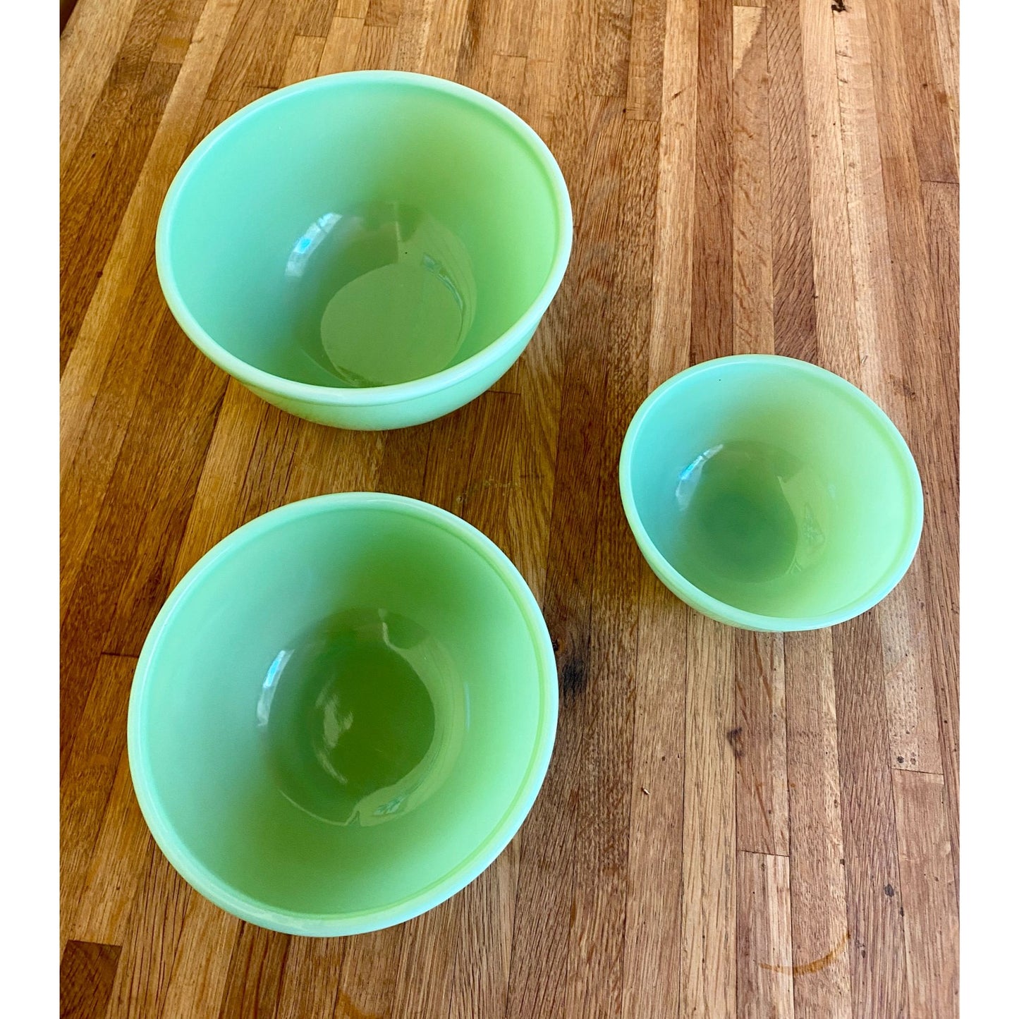 Jadite Green Glass Nesting Mixing Bowls Set of 3 Mid-Century Kitchenware Retro Home Decor