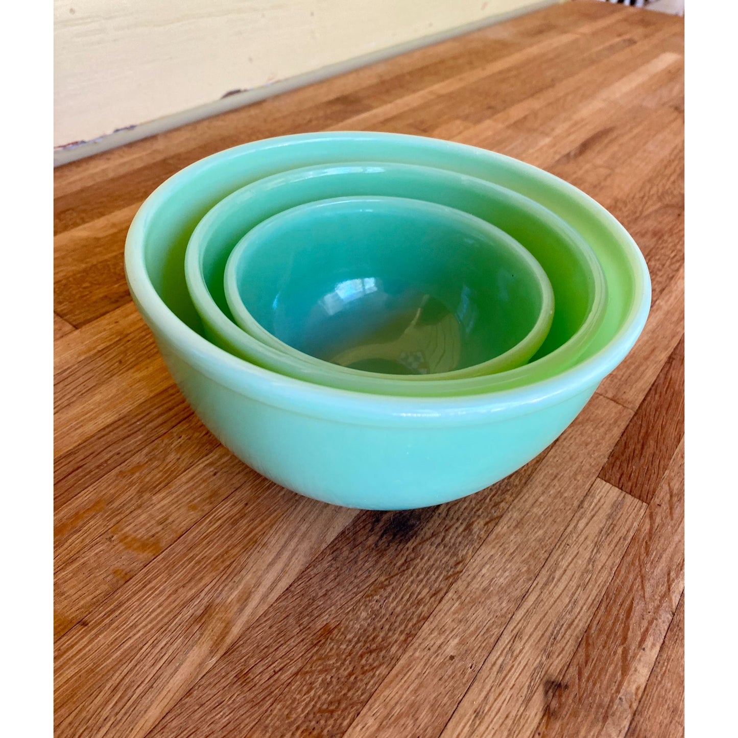 Jadite Green Glass Nesting Mixing Bowls Set of 3 Mid-Century Kitchenware Retro Home Decor