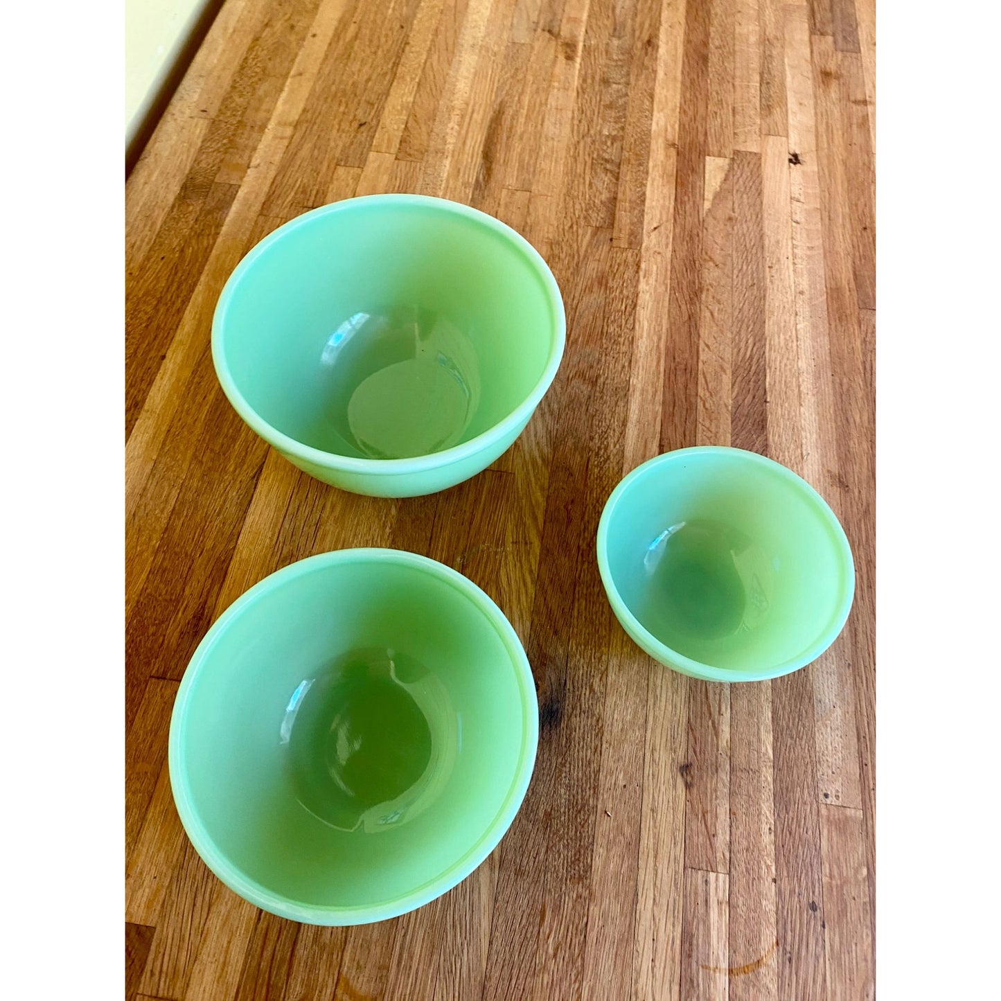 Jadite Green Glass Nesting Mixing Bowls Set of 3 Mid-Century Kitchenware Retro Home Decor