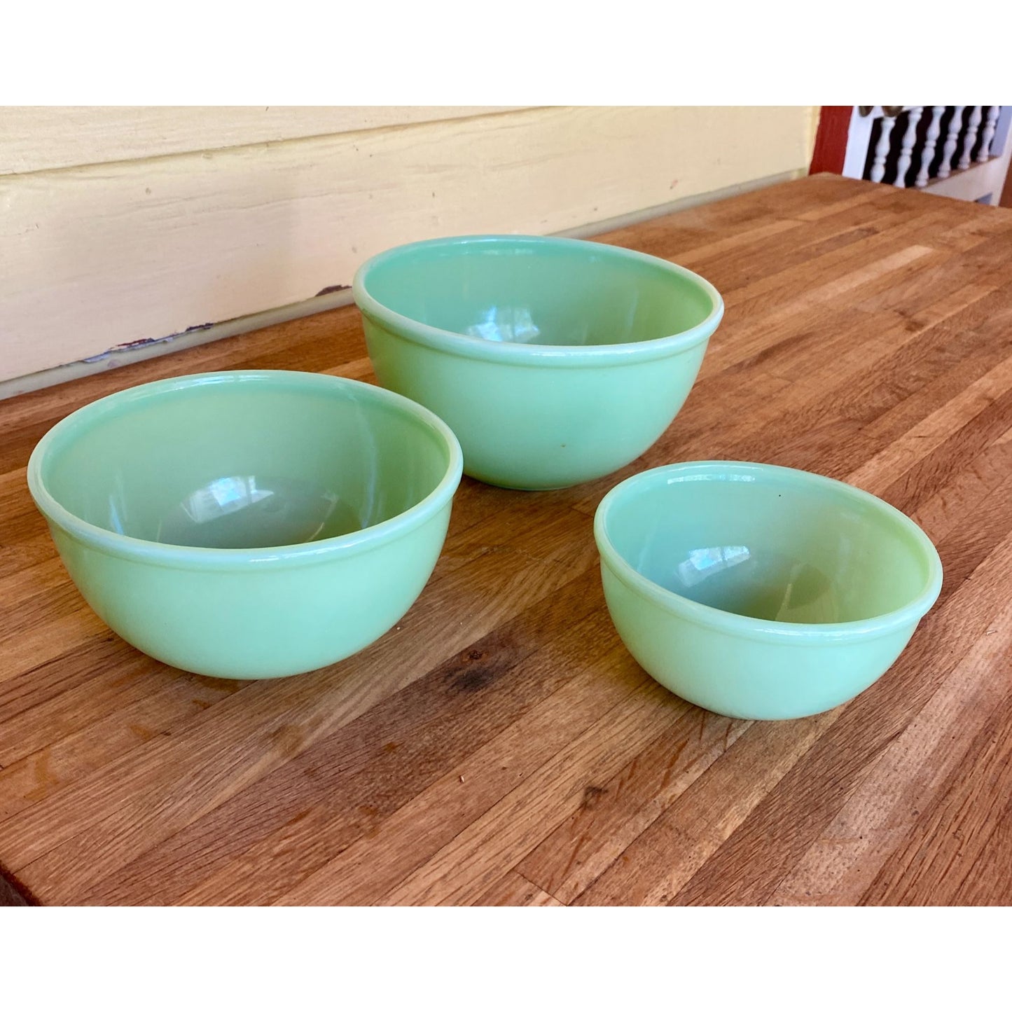 Jadite Green Glass Nesting Mixing Bowls Set of 3 Mid-Century Kitchenware Retro Home Decor