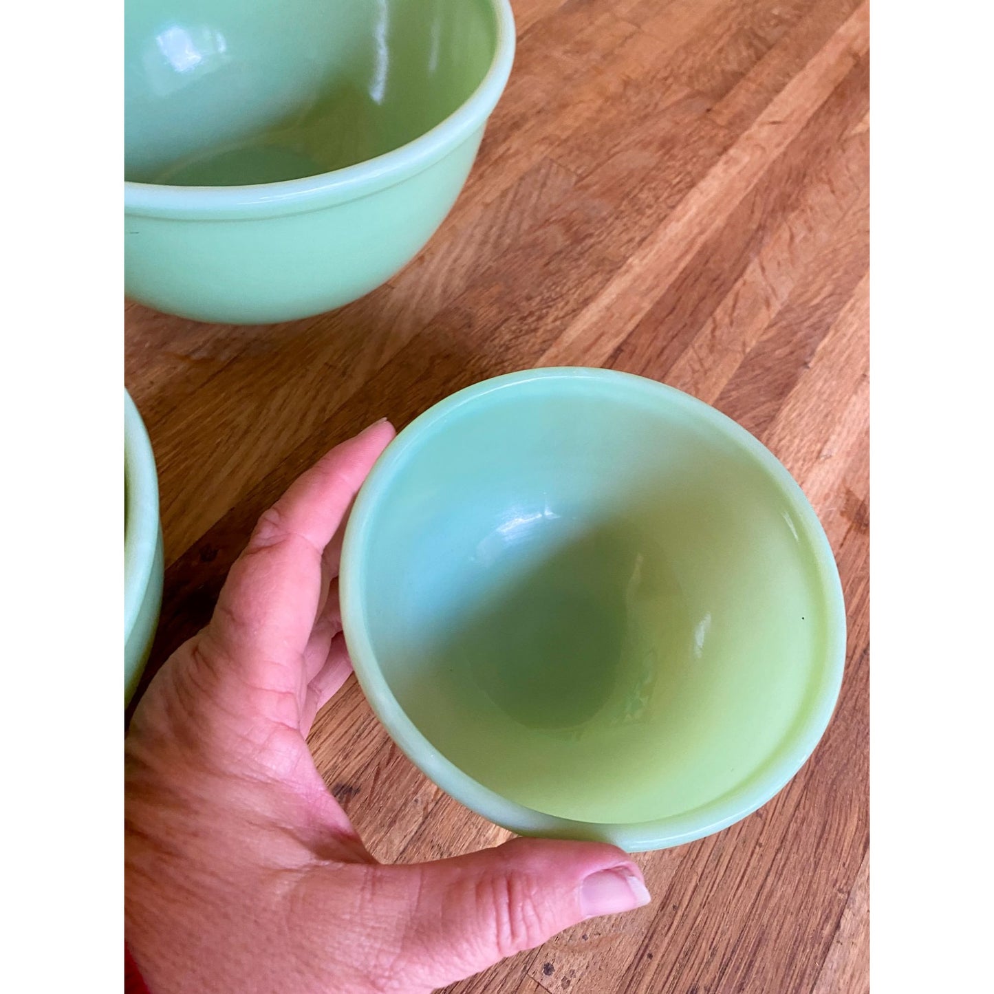 Jadite Green Glass Nesting Mixing Bowls Set of 3 Mid-Century Kitchenware Retro Home Decor