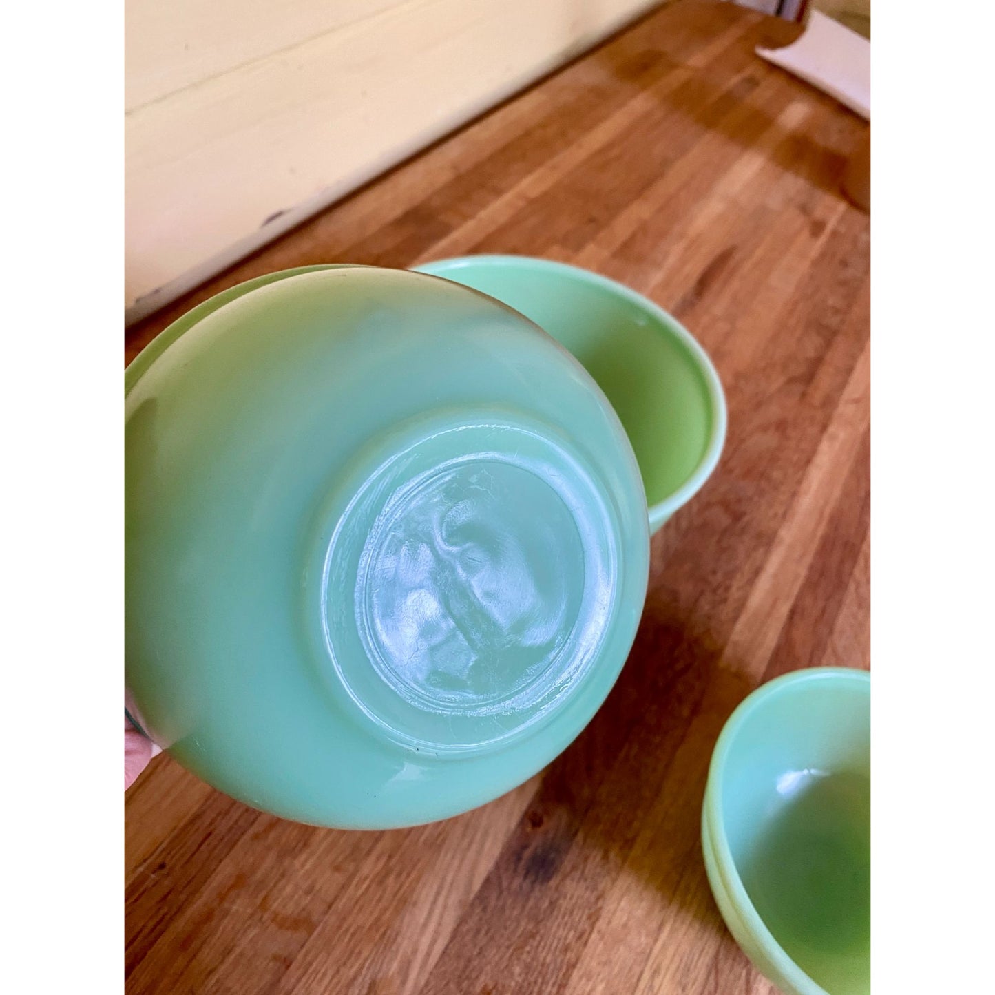 Jadite Green Glass Nesting Mixing Bowls Set of 3 Mid-Century Kitchenware Retro Home Decor