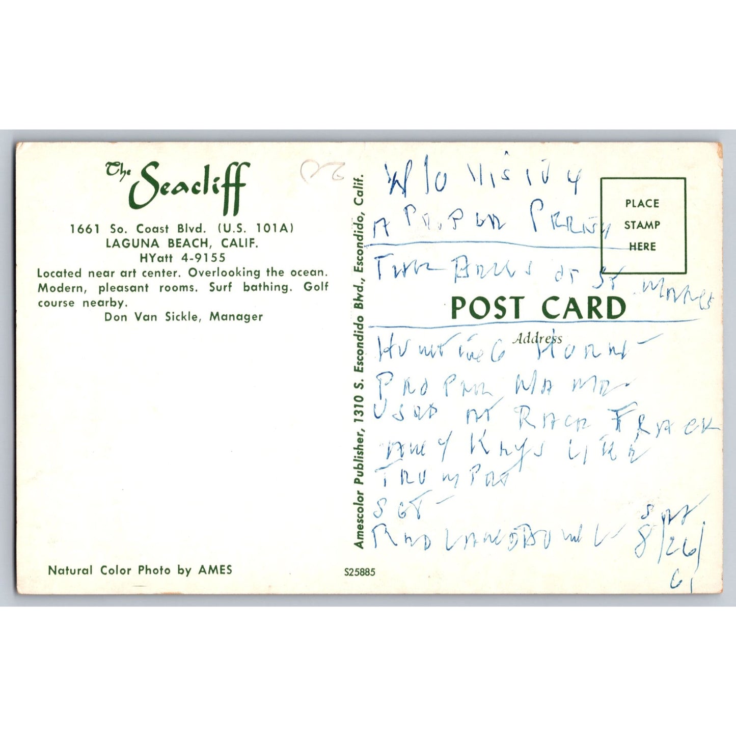 Laguna Beach CA California The Seacliff Motel 1950s Chrome Postcard Unused