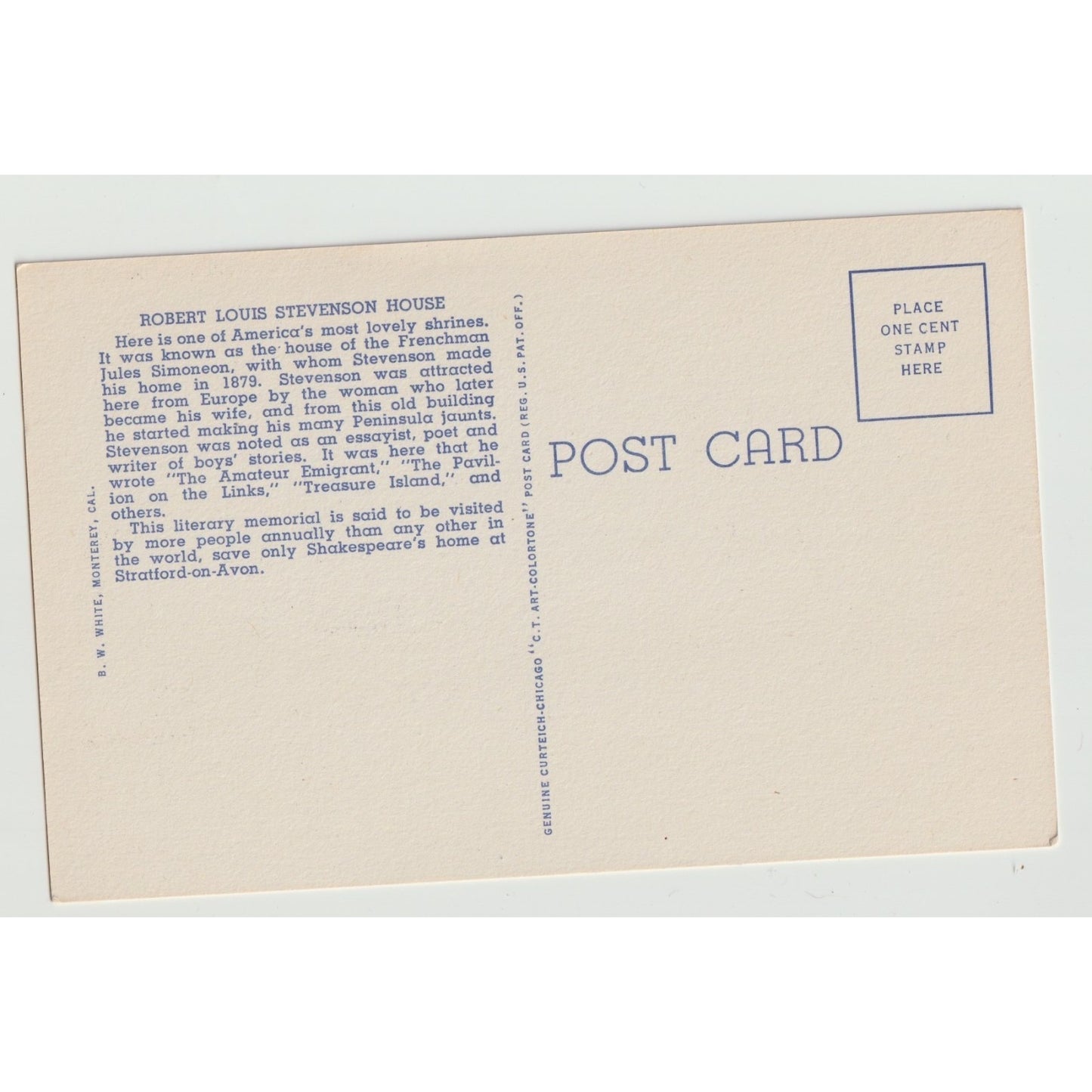 Monterey CA California Home Robert Louis Stevenson Linen Postcard Unused