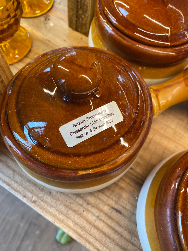 Vintage French Onion Soup Bowls Individual Stoneware Casserole Dishes w/ Stick Set of 4 Handle