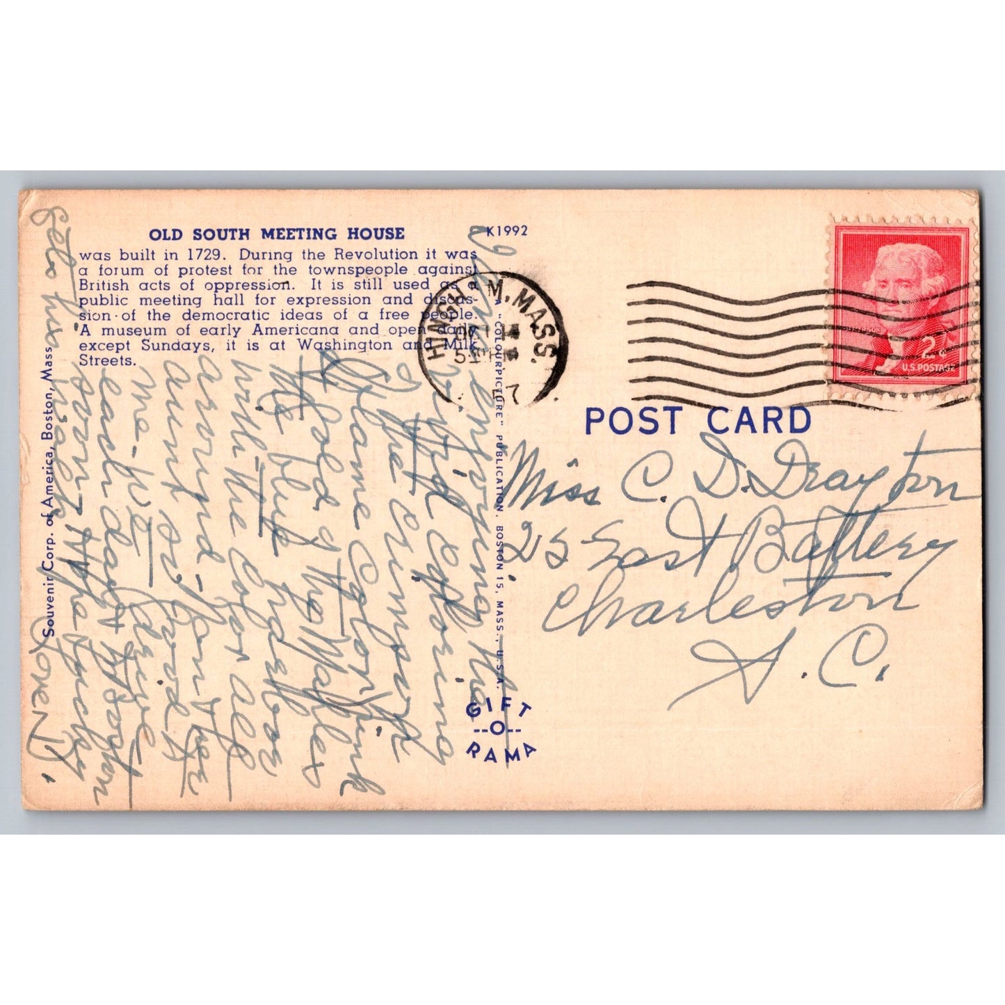 Boston MA Massachusetts Old South Meeting House 1930s Linen Postcard Used