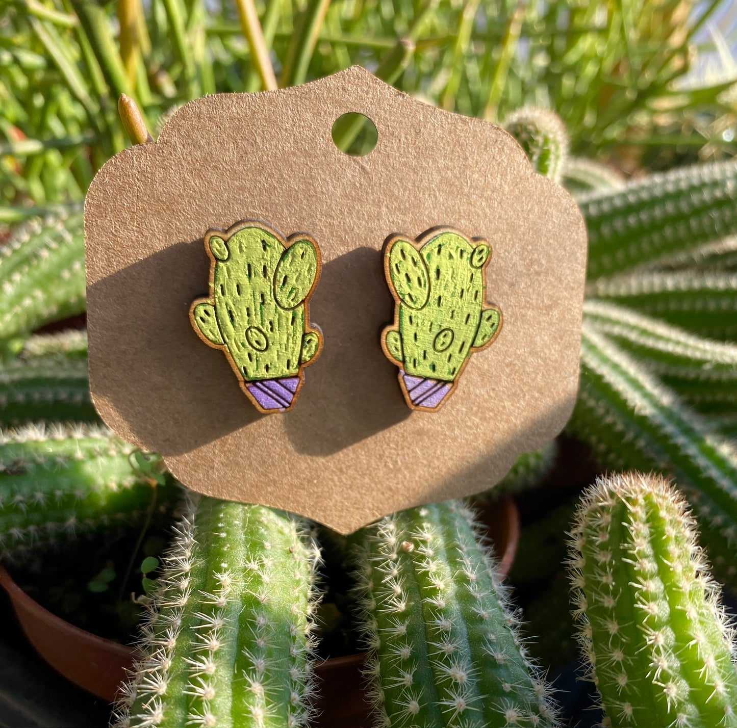 Earrings Post Style Hand Painted Prickly Pear Cactus Cacti Lavender Pot Potted