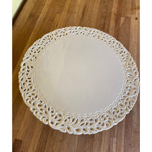 White Ceramic Pedestal Cake Stand With Ornate Scrollwork Edges Elegant Home Or Event Display Piece