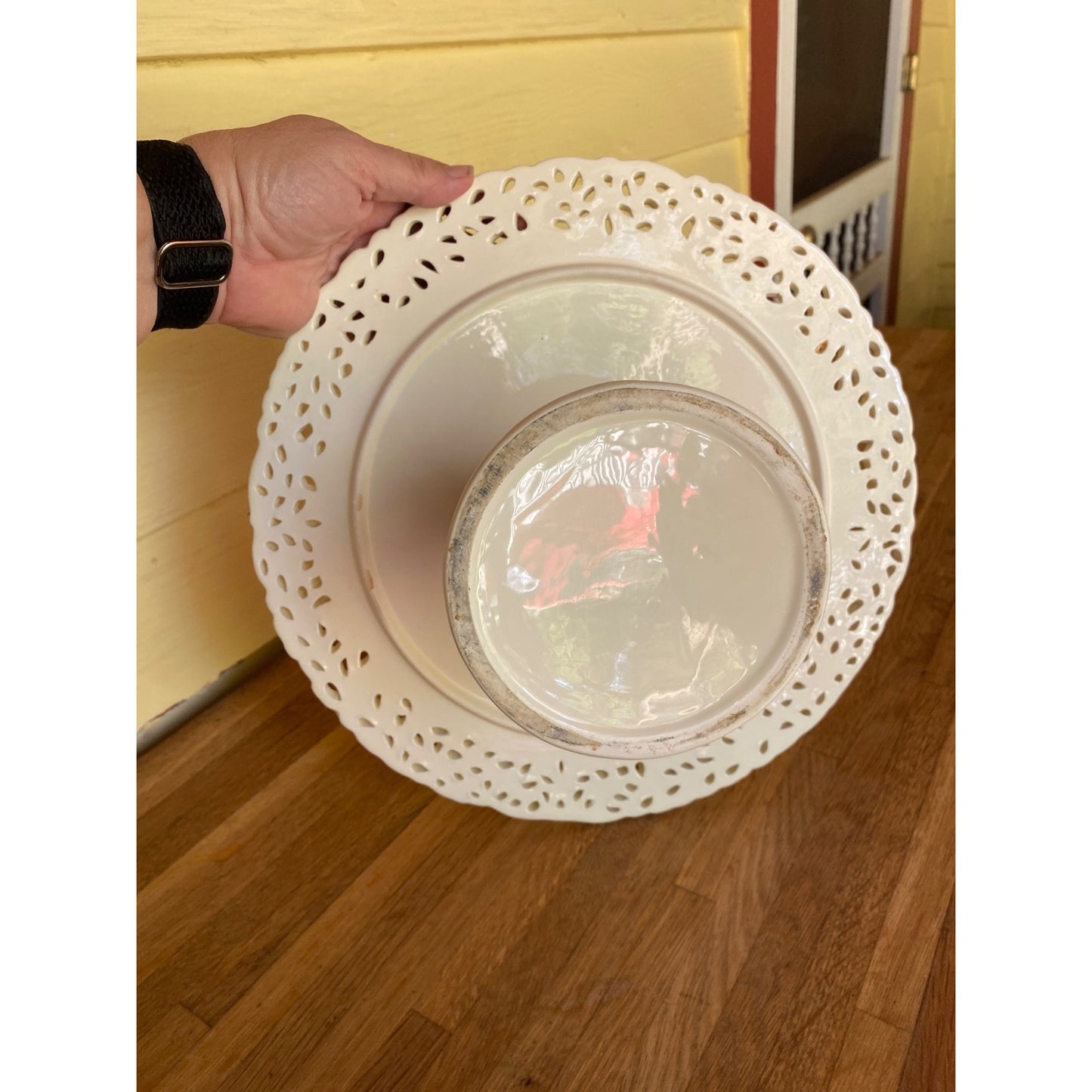 White Ceramic Pedestal Cake Stand With Ornate Scrollwork Edges Elegant Home Or Event Display Piece