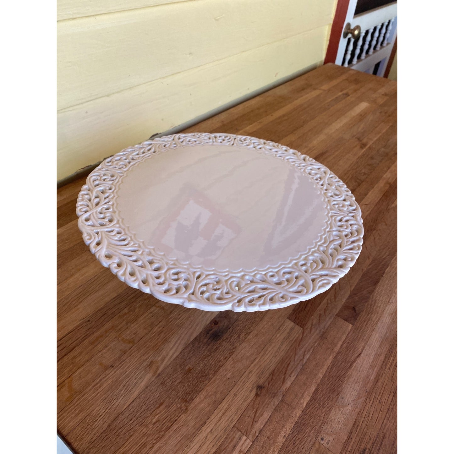 White Ceramic Pedestal Cake Stand With Ornate Scrollwork Edges Elegant Home Or Event Display Piece