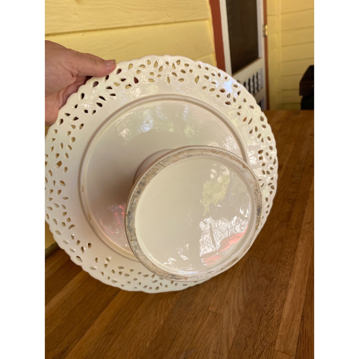 White Ceramic Pedestal Cake Stand With Ornate Scrollwork Edges Elegant Home Or Event Display Piece