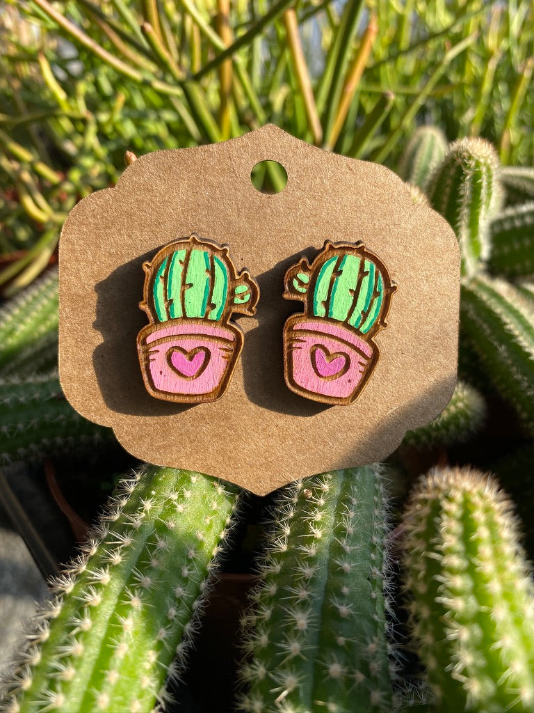 Earrings Post Style Hand Painted Barrel Light Green Cactus Cacti Pink Pot Hearts Potted